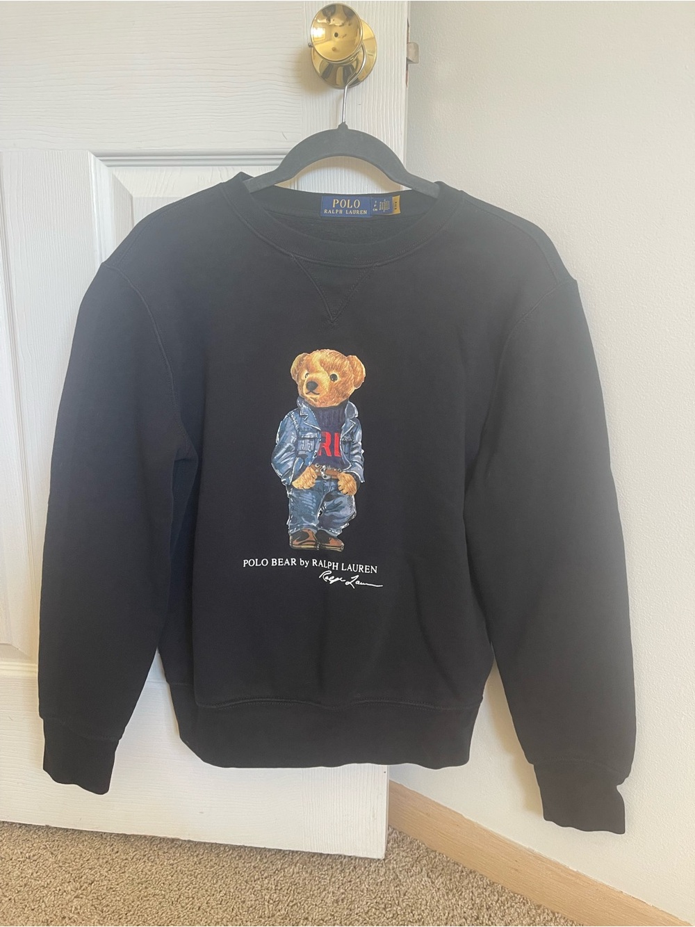 Ralph Lauren Black Crewneck Sweatshirt with Polo Bear Graphic in Blue Denim